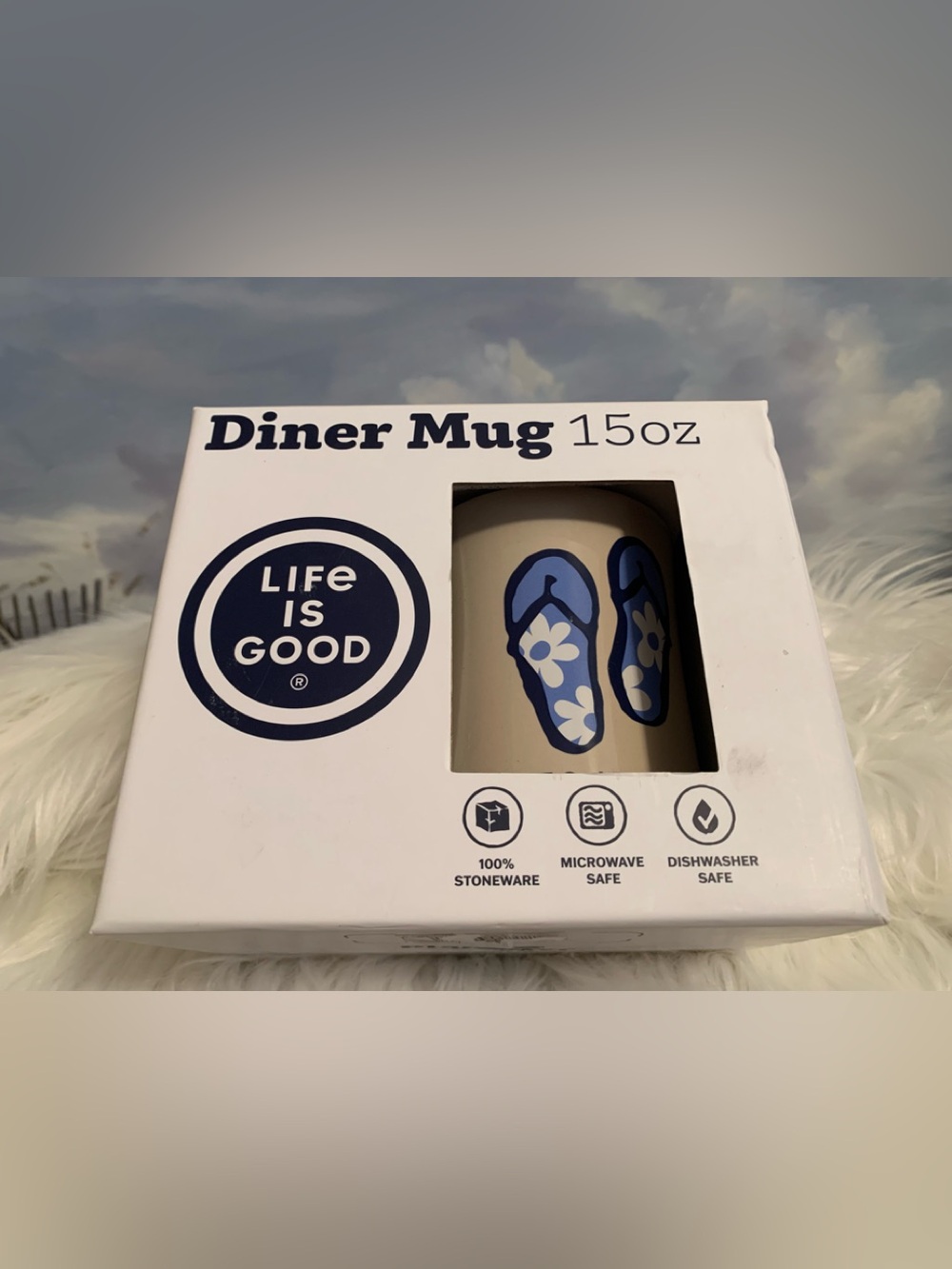 LIFE IS GOOD “Keep it Simple flips” 15 Oz. birch white ceramic mug NIB NWT